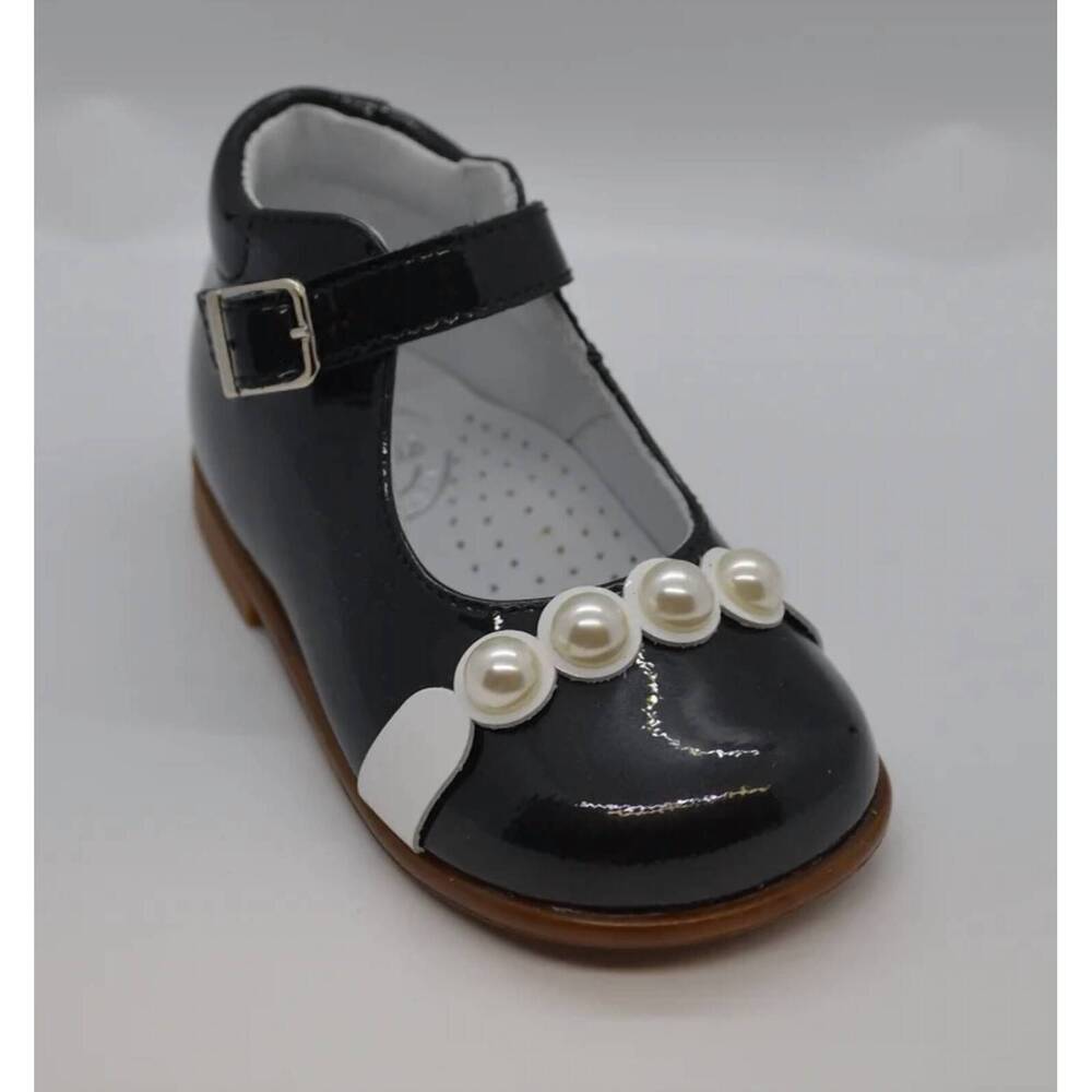 NEW BEBERLIS girls pearl trimed buckle hi-shoe in black